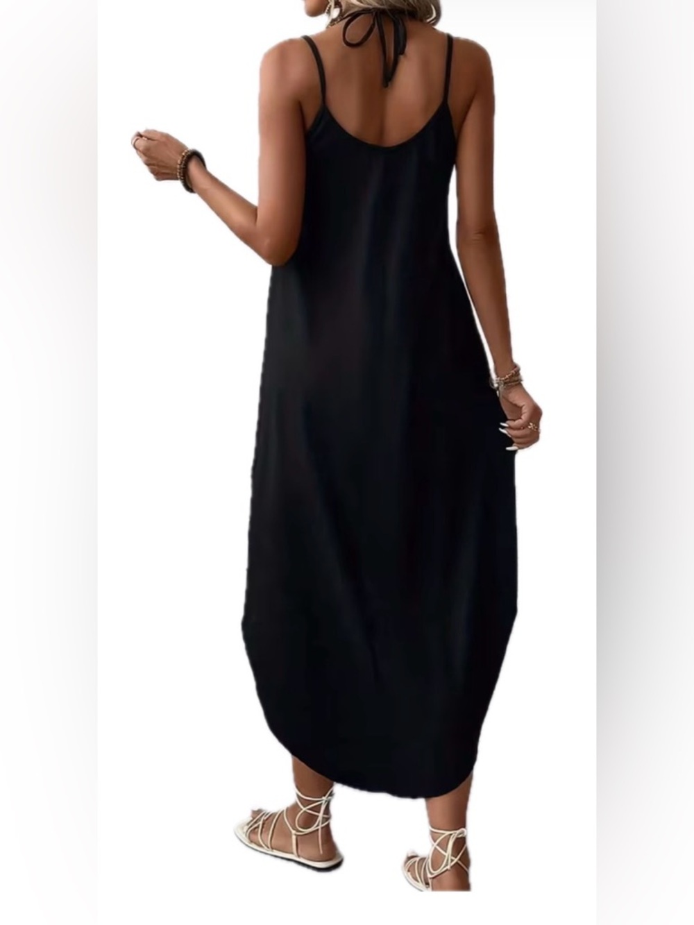 Women's L Blue Solid V-Neck Strappy Sleeveless Maxi Slip Dress Polyester - Picture 3 of 10